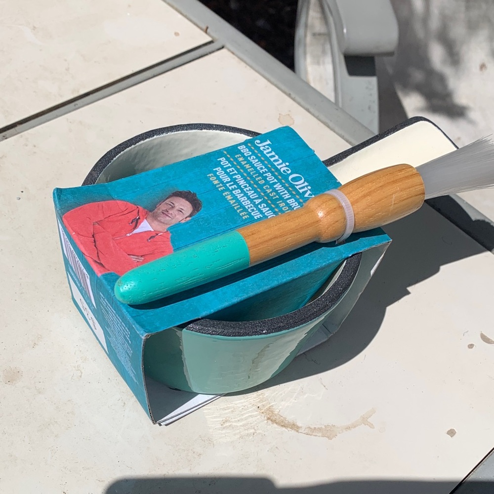 Jamie Oliver Teal Enamelled Cast Iron bar b que sauce pot with Brush